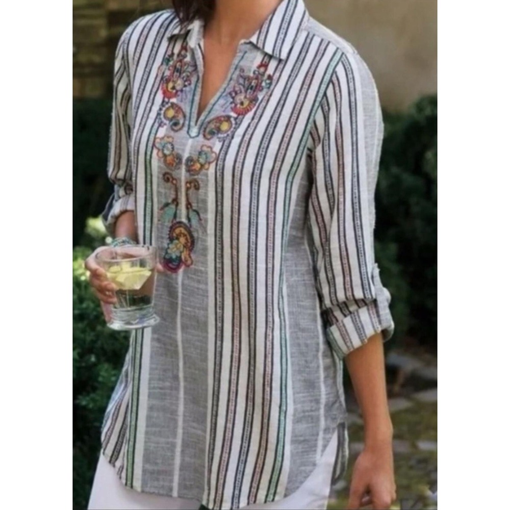Soft Surroundings Embroidered Cotton Popover Tunic Top Stripe Boho Shirt Pockets